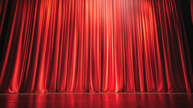 Red velvet stage curtains create a dramatic backdrop for performances. The fabric is rich and textured, enhancing the theatrical atmosphere.