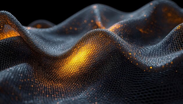 Hyper-realistic cinematic macro shot of a piece of ultra-thin semi-transparent graphene fabric with glowing amber hexagonal mesh patterns