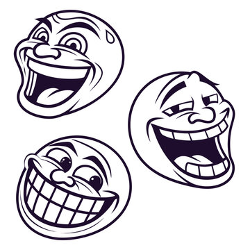 Funny emoji faces with prank expressions, vector icon set