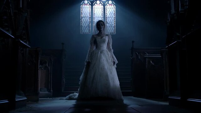 Haunting Scene Of Spectral Bride Standing Solitary In Gothic Church With Glowing Blue Light