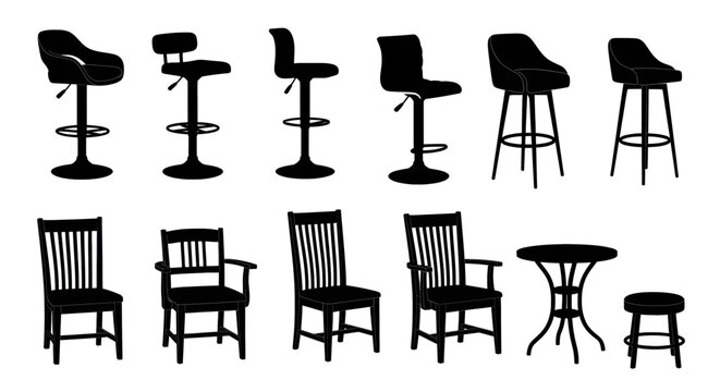 A collection of various chair and stool silhouettes on a white background furniture silhouette black barstool dining armchair table silla chaise design home decor interior