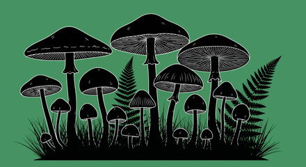 Black and white illustration of various mushrooms on a green background with ferns and grass fungi forest nature fern fungal spores botany wildlife environment ecosystem © Mamun