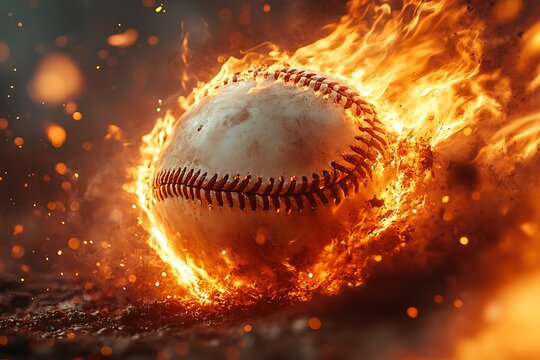 Fiery baseball with blazing orange and yellow flames against a dark, dynamic ground