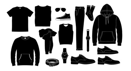 Naklejka premium Collection of black clothing and accessories on white background fashion style apparel outfit wardrobe silhouette illustration shirt sweatshirt pants shoes sneakers socks watch belt sunglasses