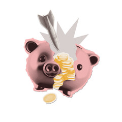 Economic crisis and war concept. Halftone retro collage of falling missile breaking piggy bank with gold coins. Global financial crash, inflation and military conflict vector illustration.