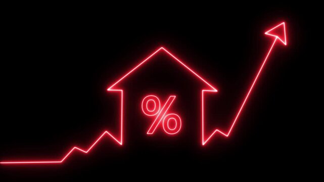 home icon house sign neon lights animation with up success arrow persentage increase.