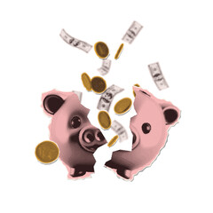 Fototapeta na wymiar Financial crash and inflation concept. Retro pop art halftone collage of broken piggy bank with falling dollar banknotes and gold coins. Vector illustration for economic crisis and market recession.