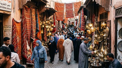 Obraz premium Bustling Moroccan Souk: Vibrant Market Scene with Traditional Crafts and Shoppers