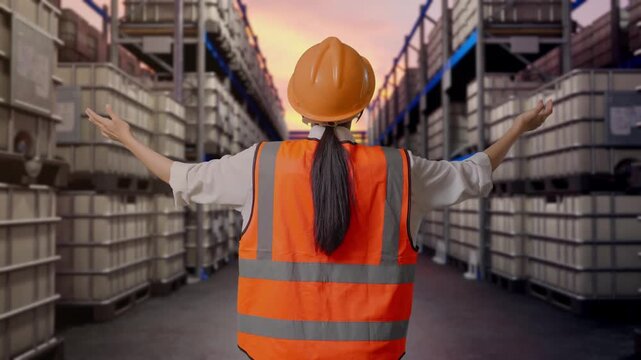 Back View Of A Female Engineer With Safety Helmet Spreading Arms While Standing at Warehouse with Containers and Barrels