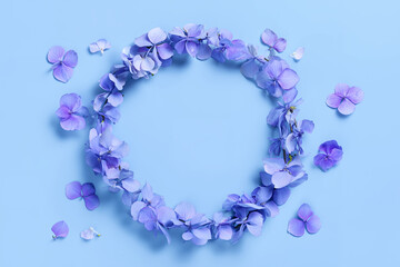 Obraz premium 中央に丸い空白を持たせ周囲を鮮やかな紫陽花が彩る初夏のメッセージ用フレームデザイン