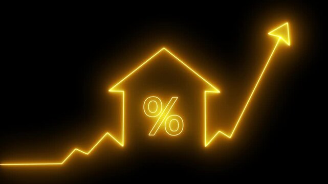 home icon house sign neon lights animation with up success arrow persentage increase.