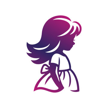 Logotipo de boutique de moda infantil. Dibujo sencillo con l&iacute;neas de una ni&ntilde;a de perfil con un vestido adornado con un nudo de lazo