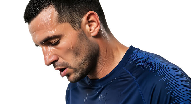 A sweaty man in a blue shirt looking down after an intense workout session American usa soccer player in Dramatic multi-sensory texture in 2026 soccer world championship