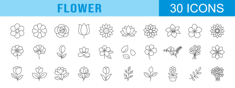 collection of flower icons, editable stroke.	