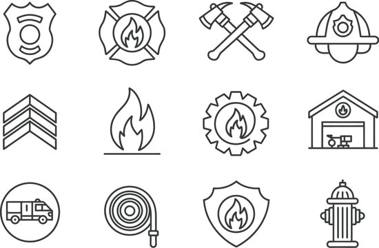 Fire department symbols, line style icons, fire badge, fire emblem, crossed axes, firefighter helmet, emergency services vector, fire safety illustration, rescue equipment symbols