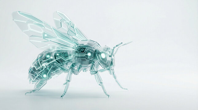 Futuristic bionic bee with digital circuit board and glowing nodes on a clean white background
