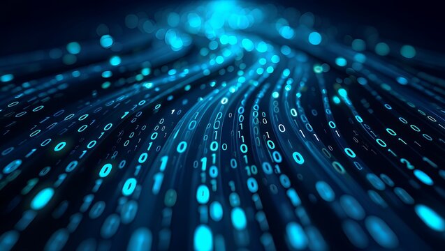 A mesmerizing digital tunnel of glowing blue binary code streaming through a dark background with a bright light at the end, representing data flow and technology