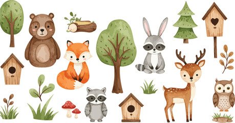 Fototapeta premium Whimsical forest animals and trees in a playful woodland scene with birds houses and plants
