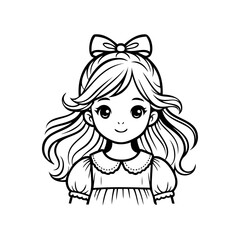 Logotipo de boutique de moda infantil. Dibujo sencillo con líneas de una niña de frente peinada con un nudo de lazo,  con un vestido © teracreonte