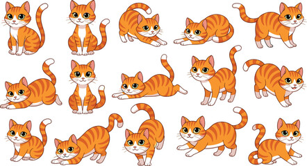 Obraz premium Cute orange tabby cat collection with various poses playful kitten cartoon pet vector illustration set