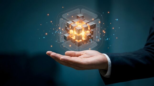 Businessman Hand Holding Futuristic Glowing Digital Data Block