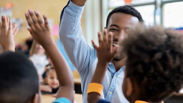 Happy elementary school teacher engaging with students while giving high fives in a bright classroom during a fun learning activity in the morning