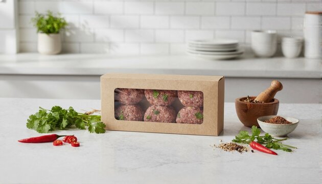 Packaged dhania lamb burgers on marble island