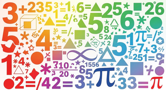Vibrant array of mathematical numbers, symbols, and geometric shapes in a gradient