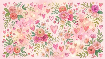 Fototapeta premium A pink and white floral arrangement with hearts and leaves on a pink background.