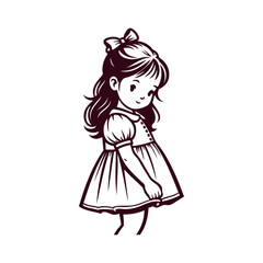 Fototapeta premium Logotipo de boutique de moda infantil. Dibujo sencillo con líneas de una niña de perfil peinada con un nudo de lazo, con un vestido