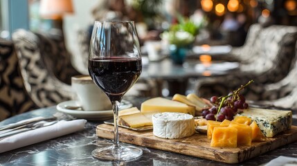 A glass of red wine and assorted cheeses on a wooden board in a restaurant