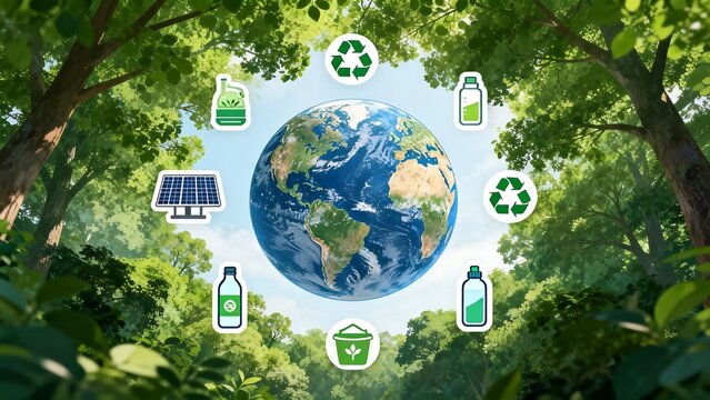 Earth with recycling icons in forest