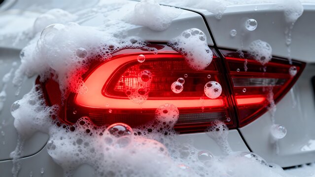 Car Tail Light Covered in Soap Foam
