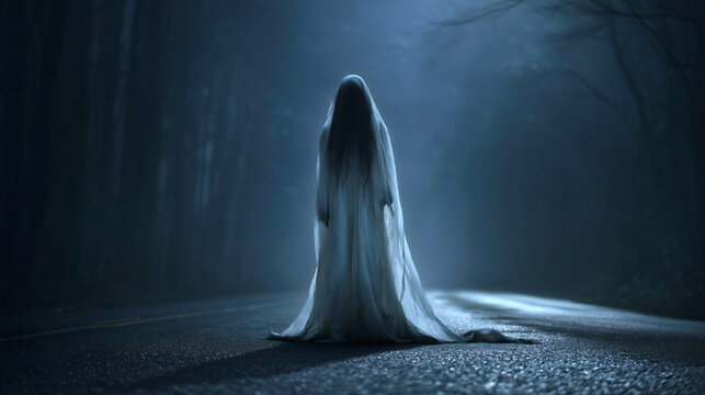 Ghostly woman in a long white wedding dress standing on a dark forest road at night, eerie spectral apparition in the moonlight, urban legend and horror concept.