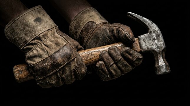 Worn leather work gloves on hands firmly gripping a well used claw hammer against a stark black background