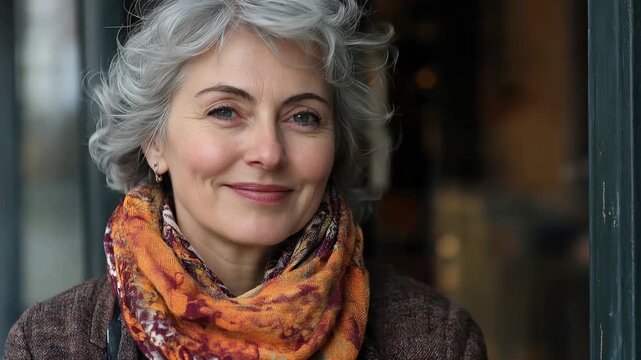 Smiling middle aged woman in cozy scarf standing outside a cafe on a chilly morning with a warm expression and bright eyes, embodying joy and confidence in her surroundings