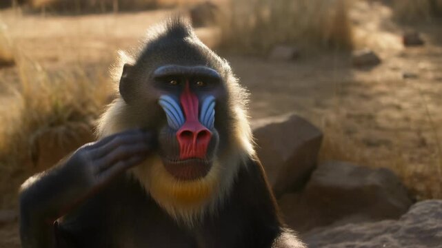 Vivid Male Mandrill Concentrates Eyes While Remaining Protected Under Soft Outdoor Illumination In Wilderness