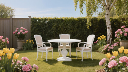 Obraz premium Elegant Outdoor Patio Dining Set in a Blooming Spring Garden