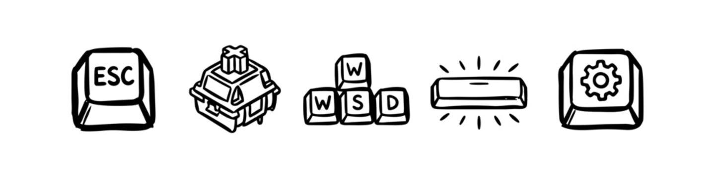 Distinct esc and keycap set in outline style. Esc, Keycap and Key Switch Monochrome Icon Set. High quality stock illustration with clear subject focus, cohesive composition, and versatile commercial.