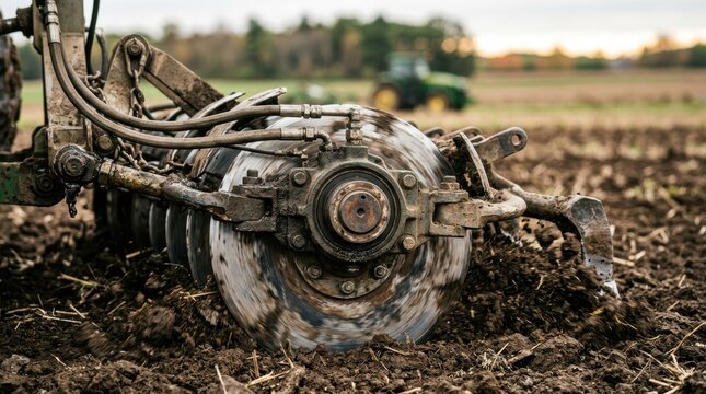 Close up of a tractor's disc harrow tilling dark soil in a field Agricultural machinery working earth