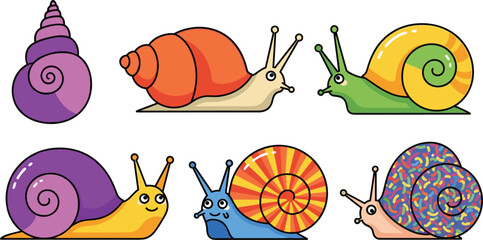 Cute Snail Cartoon Character Set with Colorful Shells and Different Poses Isolated on White Background for Nature Illustration and Kids Design © Nurjjaman