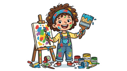 Fototapeta premium Cute cartoon child with paint splatters on clothes and face
