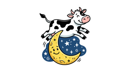 Fototapeta premium Cartoon cow jumping over a crescent moon in starry night sky