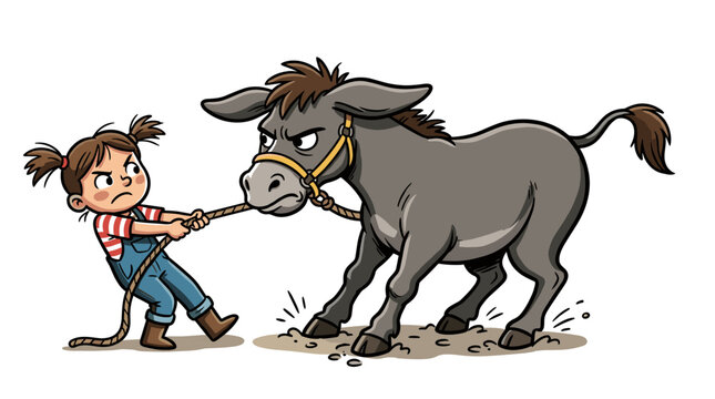 Child pulling stubborn donkey by rope in tug of war