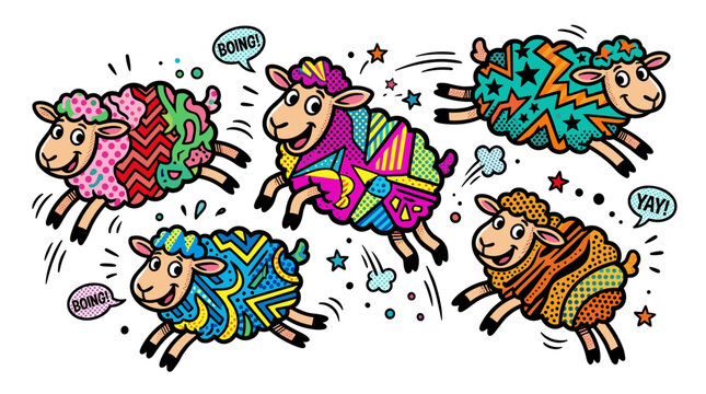 Five cartoon sheep with colorful pop art patterns jumping joyfully