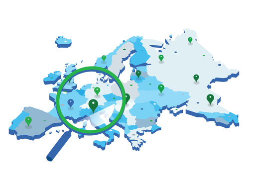 Europe Map with Location Pins and Magnifying Glass Highlighting Regional Search and Geolocation Concept
