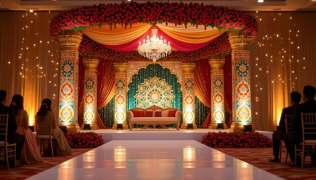 Punjabi indian wedding stage decoration with vibrant phulkari patterns
