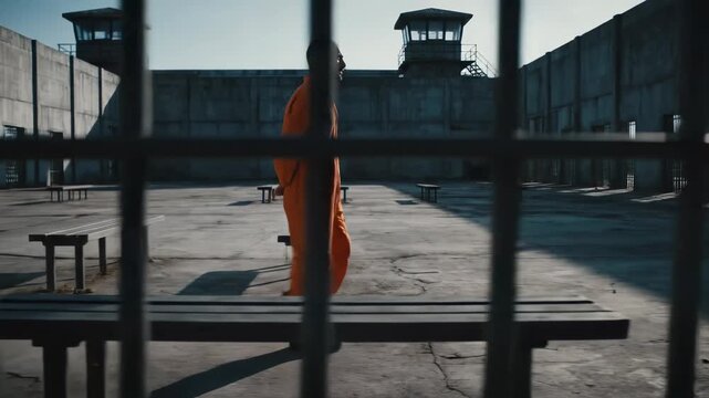 Prisoner in Orange Jumpsuit Walking in Prison Yard Under Surveillance.