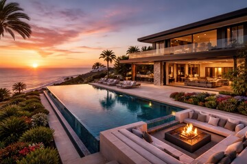 Fototapeta premium luxury modern villa mansion ocean view sunset infinity pool fire pit outdoor lounge coastal real estate expensive premium home architecture