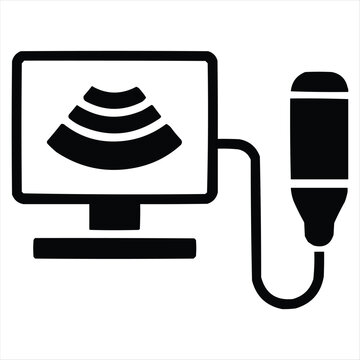 Ultrasound machine with probe and screen displaying sonogram image, medical technology icon.